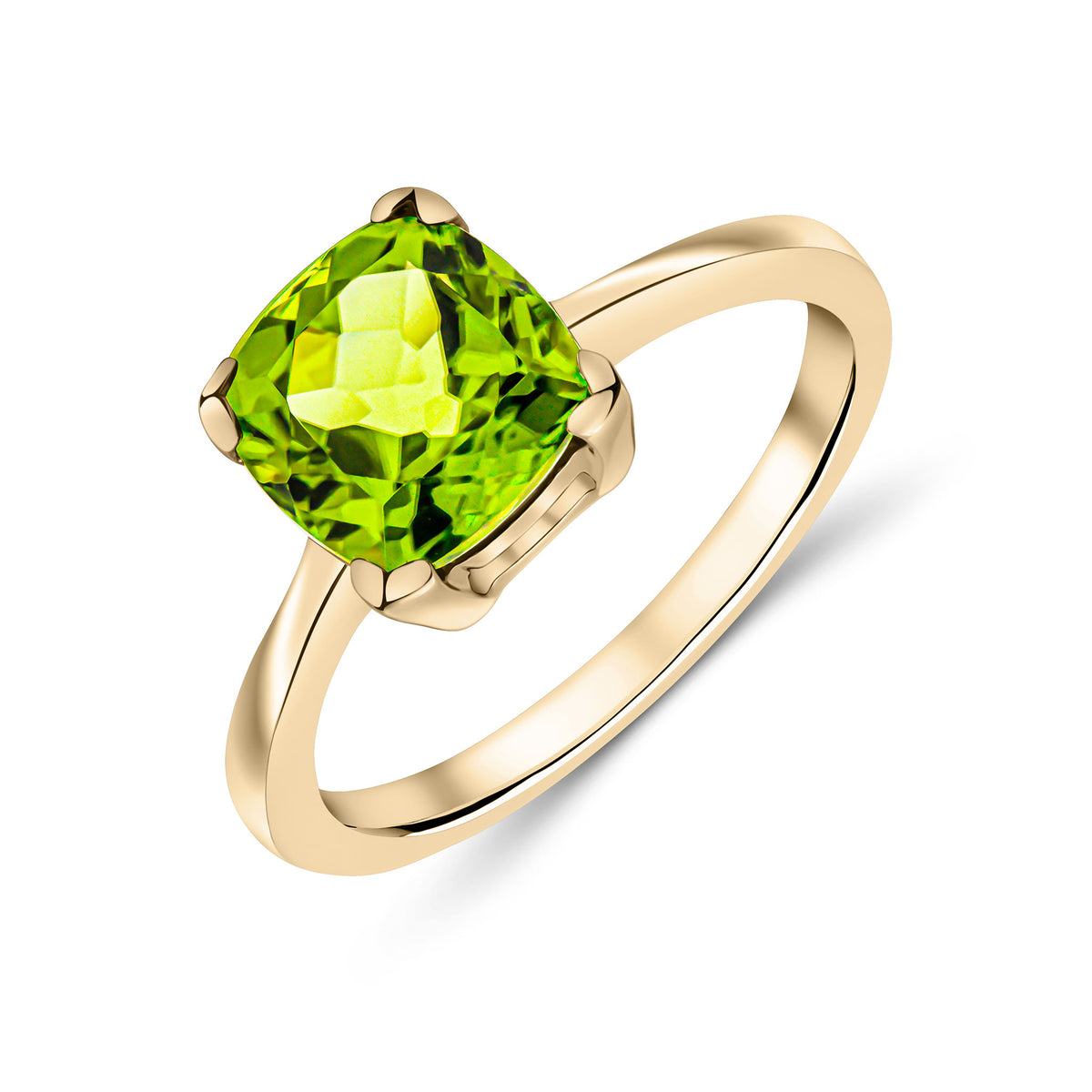 9CT YG 8MM CUSHION PERIDOT CLAW SET SINGLE STONE RING