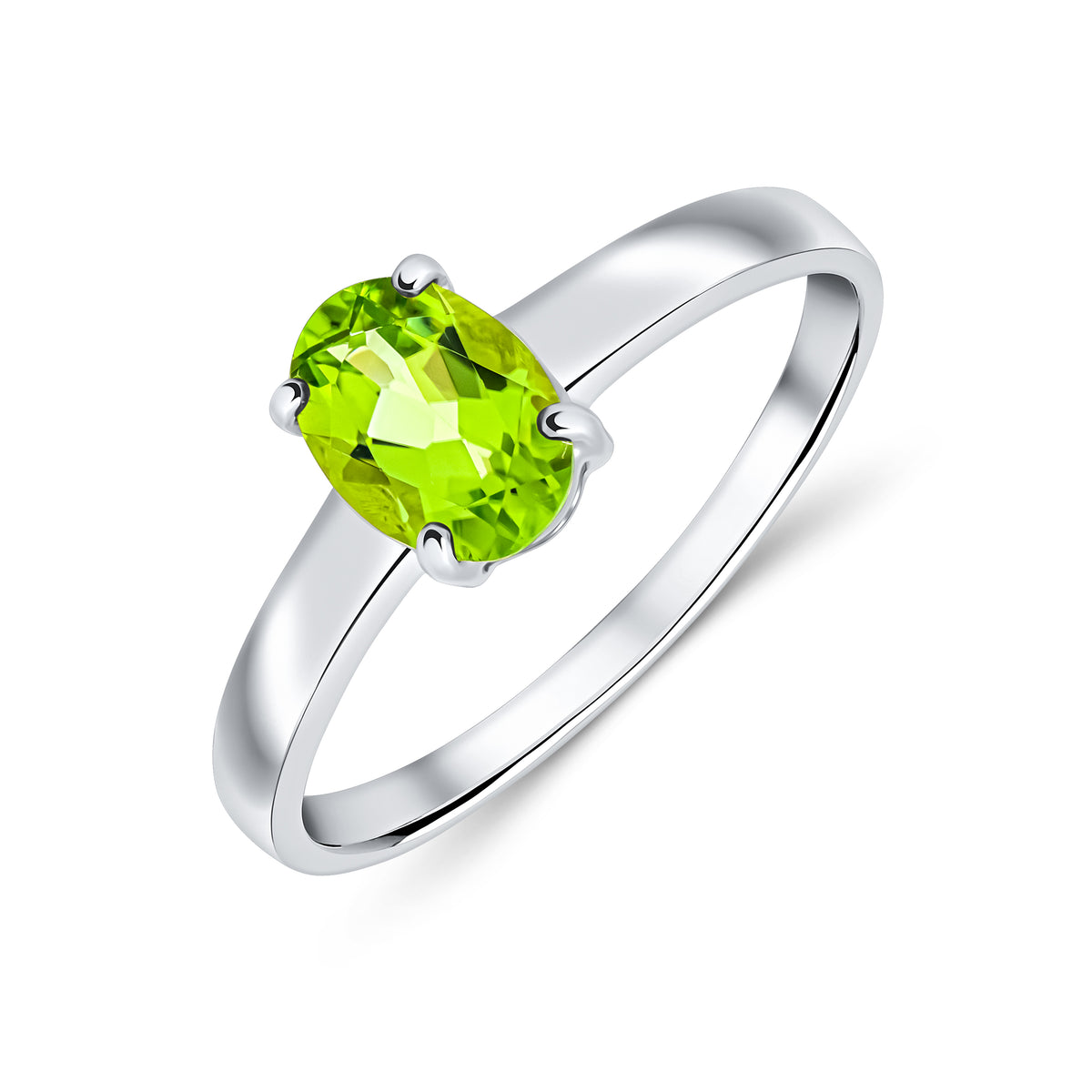 9CT WHITE GOLD 7X5MM OVAL PERIDOT 4 CLAW SINGLE STONE RING