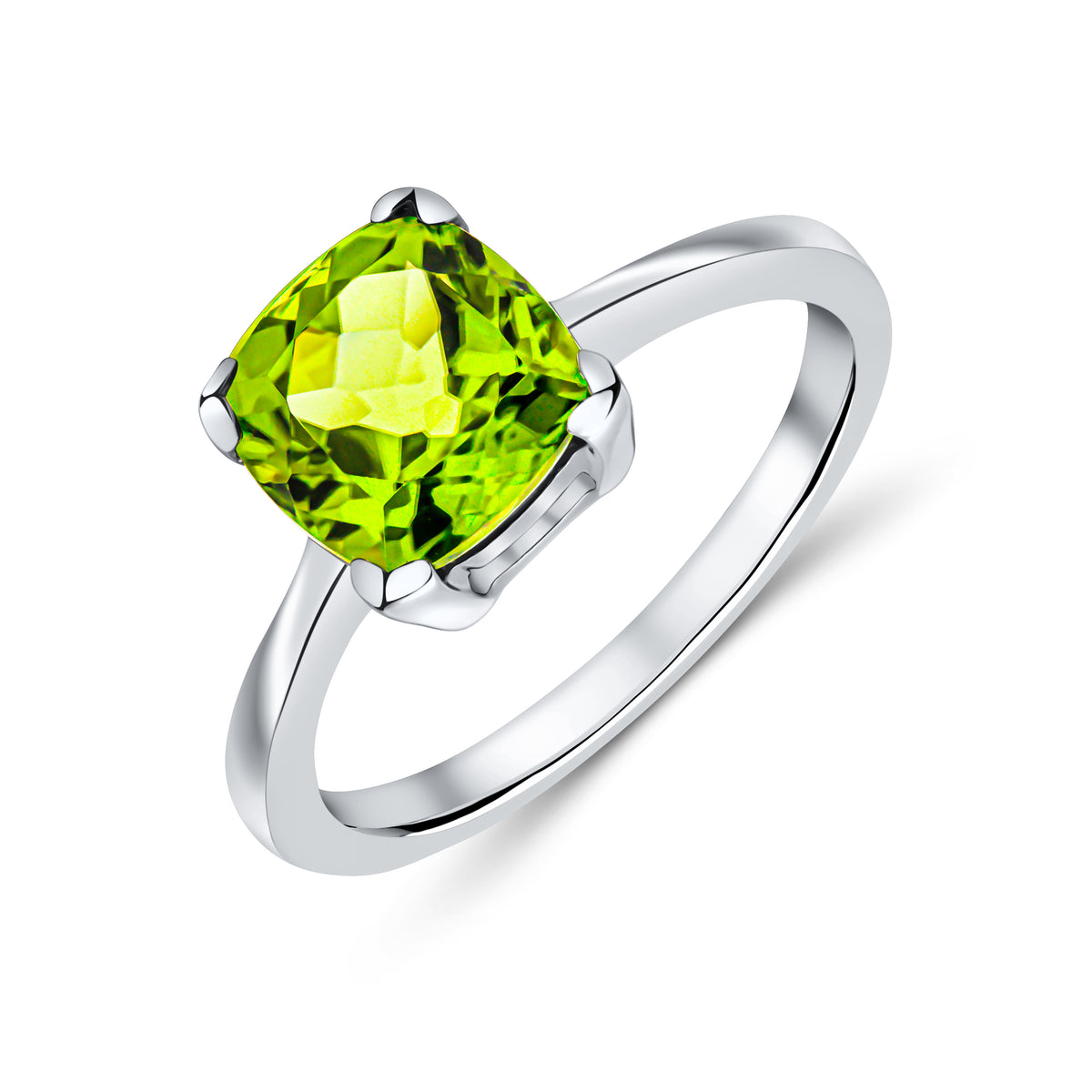 9CT WG 8MM CUSHION PERIDOT CLAW SET SINGLE STONE RING