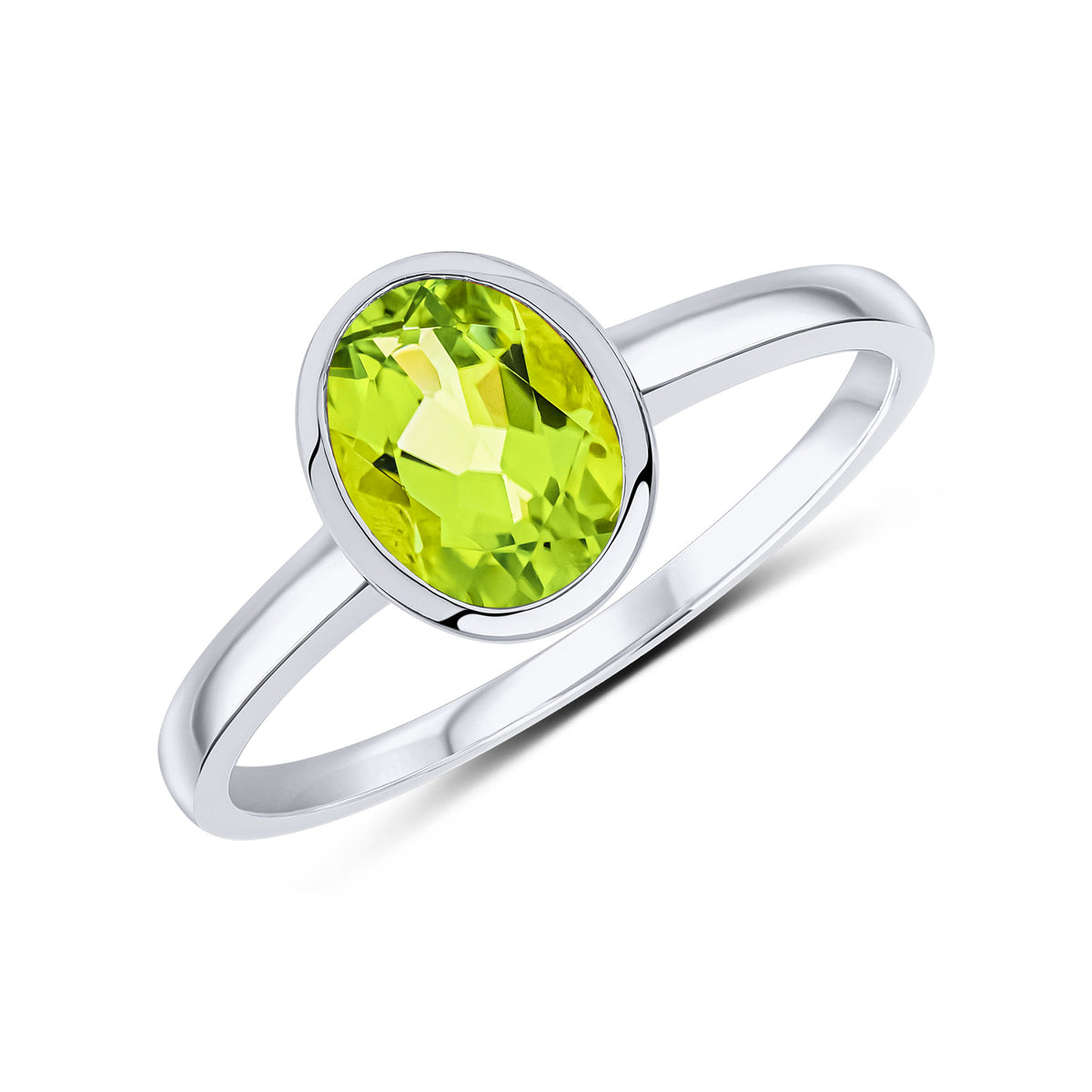 9CT WG 8X6 OVAL PERIDOT SINGLE STONE RUBOVER RING