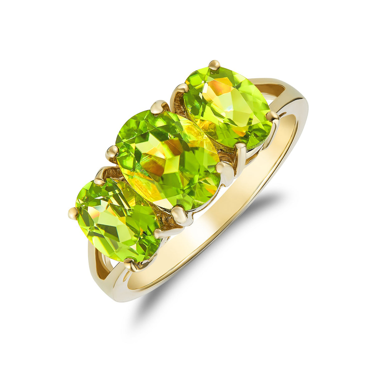 9CT YG OVAL PERIDOT CLAW SET 3ST RING WITH SPLIT SHOULDERS