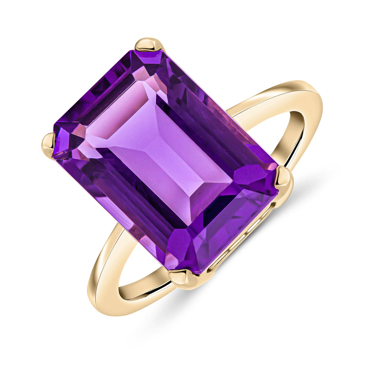 9CT YG 14X10MM OCTAGON AMETHYST CLAW SET SINGLE STONE RING