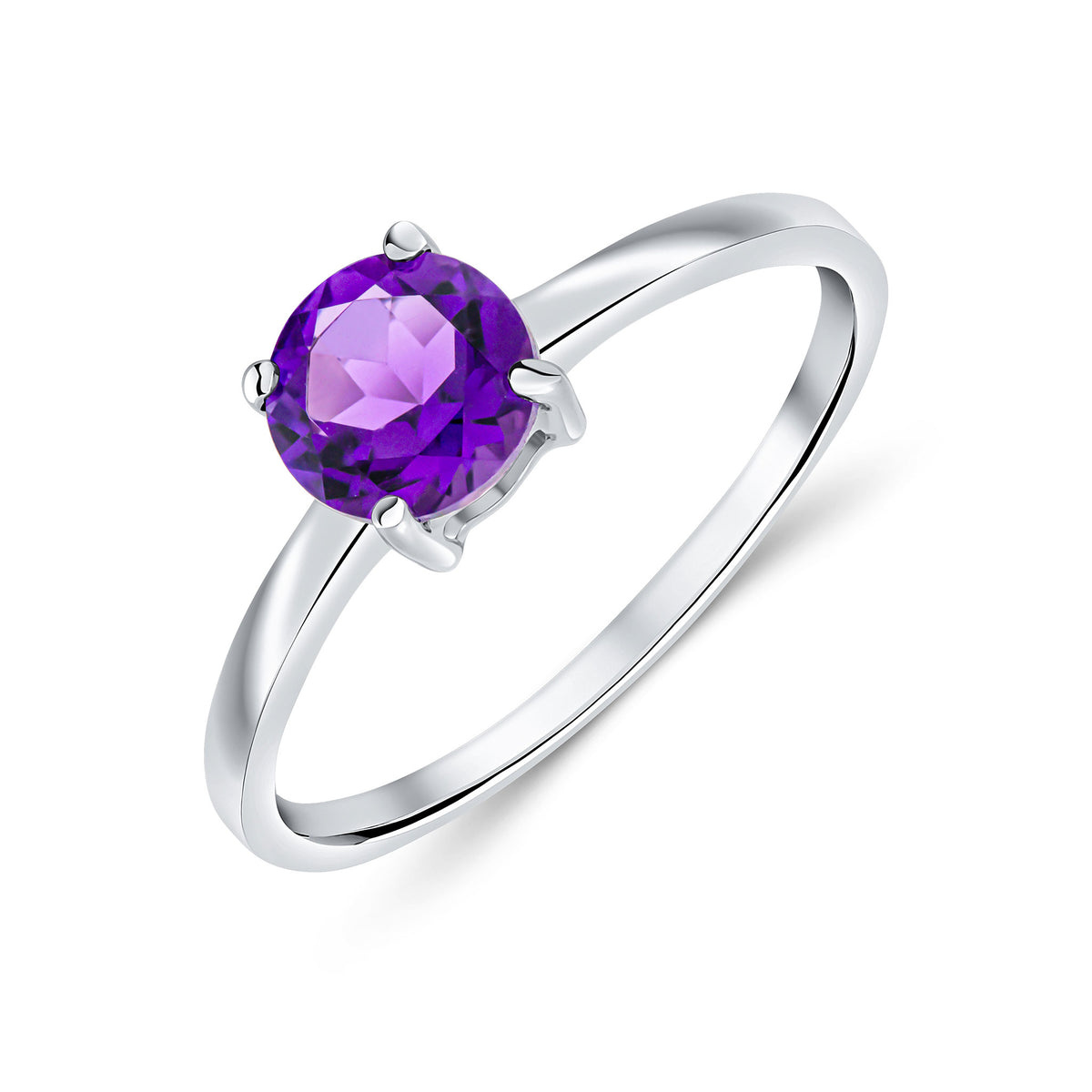 9CT WHITE GOLD 6MM ROUND AMETHYST 4 CLAW SINGLE STONE RING