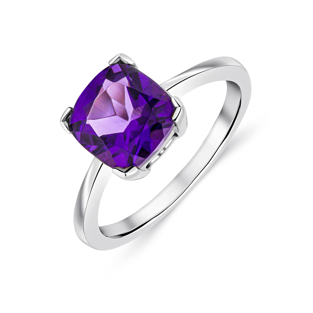 9CT WG 8MM CUSHION AMETHYST CLAW SET SINGLE STONE RING