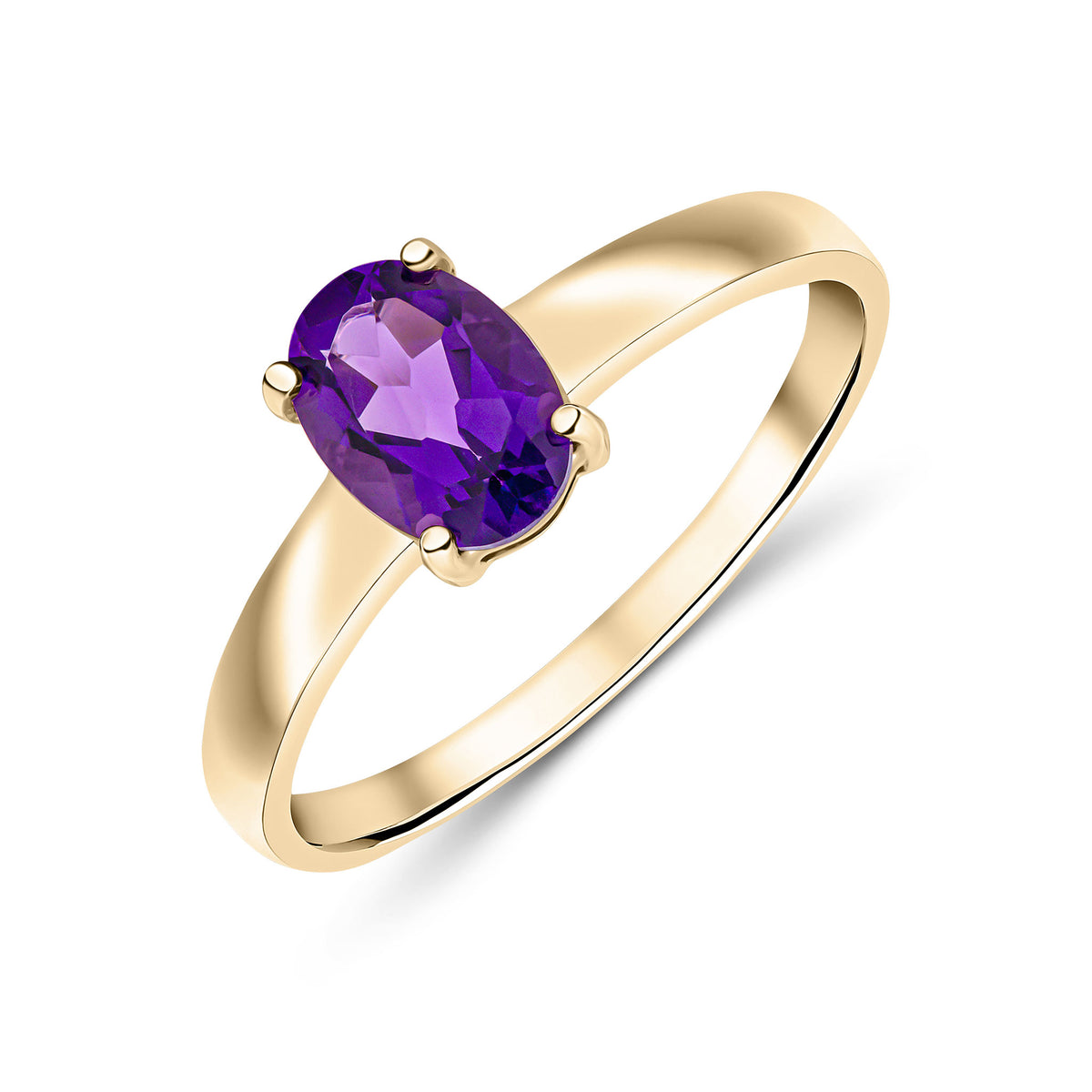 9CT YELLOW GOLD 7X5MM OVAL AMETHYST 4 CLAW SINGLE STONE RING