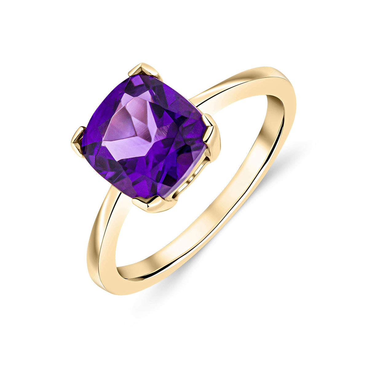 9CT YG 8MM CUSHION AMETHYST CLAW SET SINGLE STONE RING