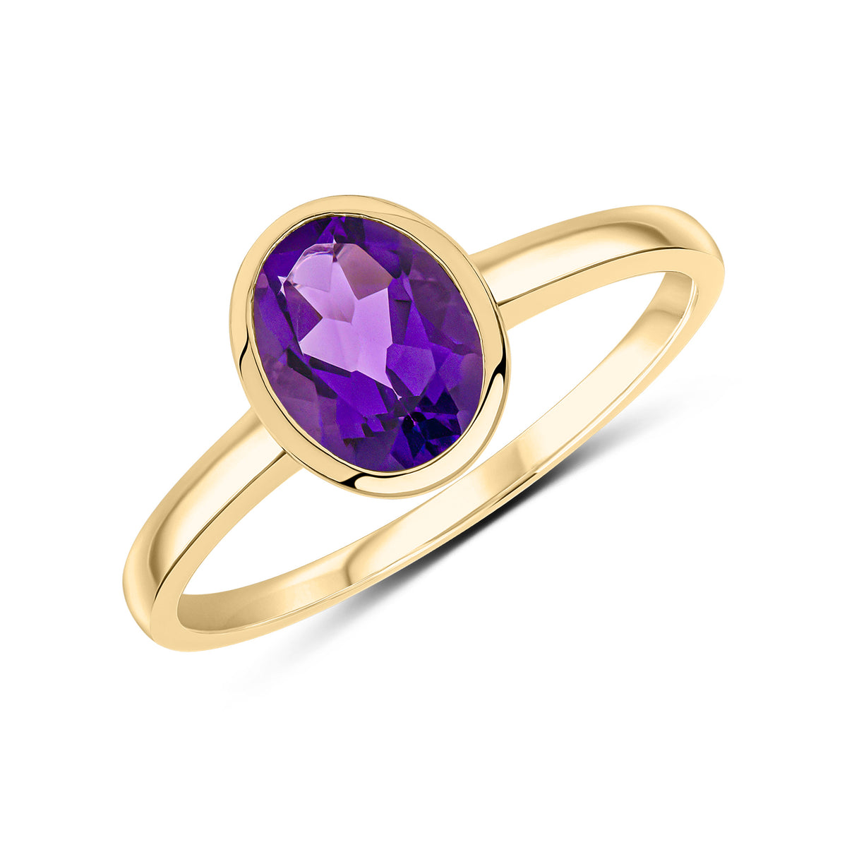 9CT YG 8X6 OVAL AMETHYST SINGLE STONE RUBOVER RING