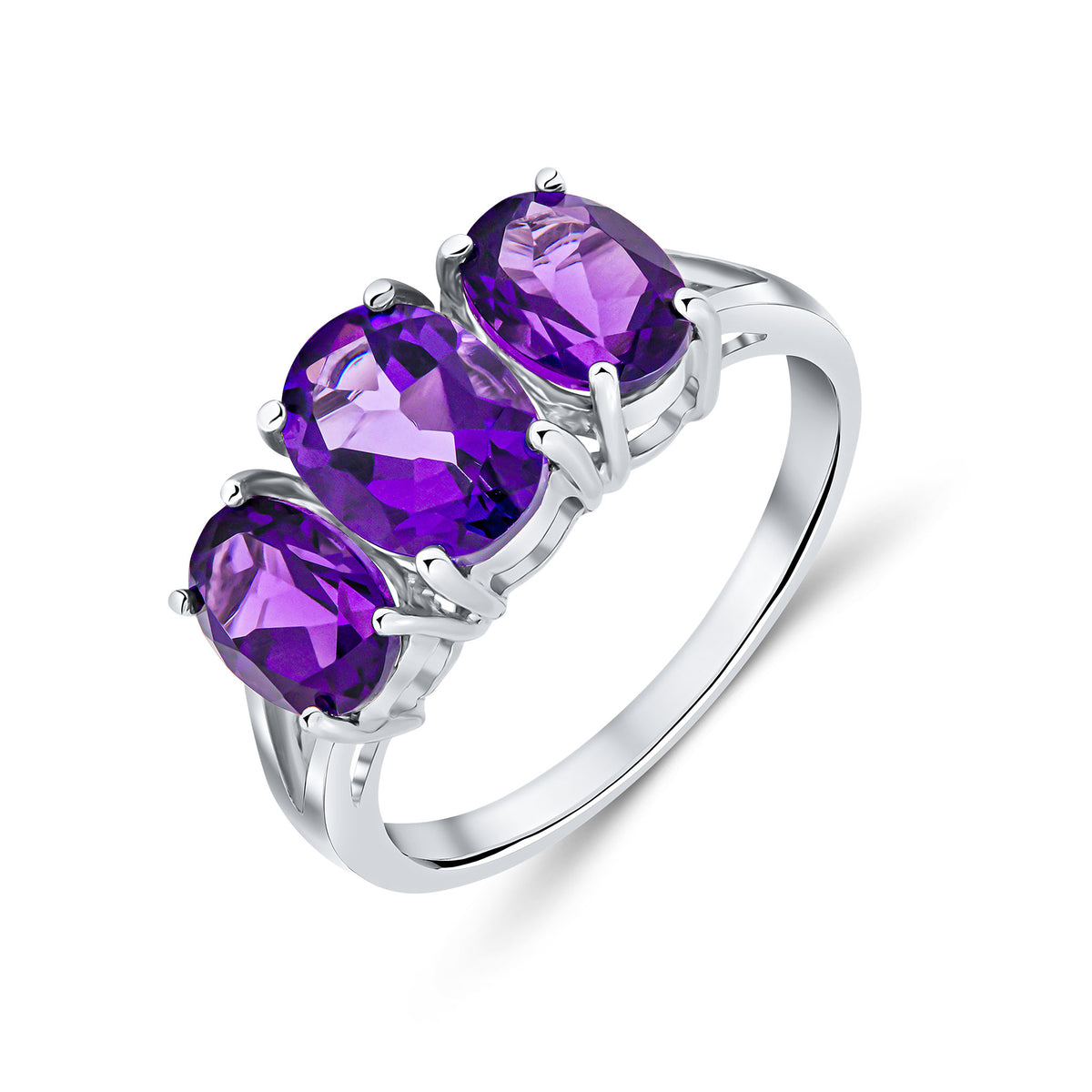 9CT WG OVAL AMETHYST CLAW SET 3ST RING WITH SPLIT SHOULDERS