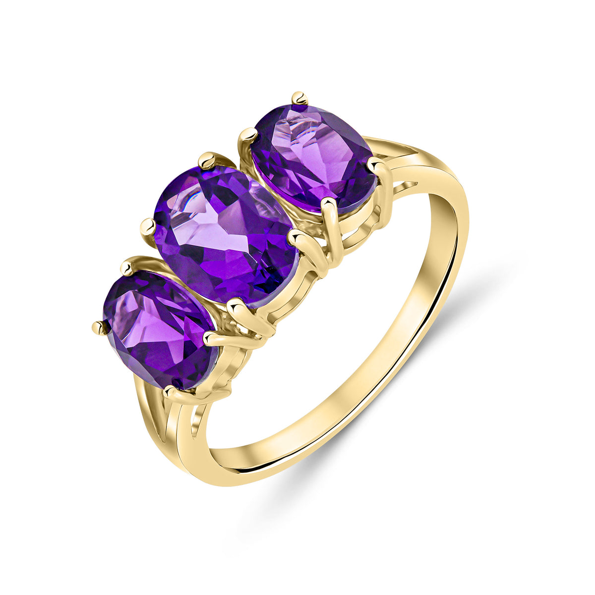 9CT YG OVAL AMETHYST CLAW SET 3ST RING WITH SPLIT SHOULDERS