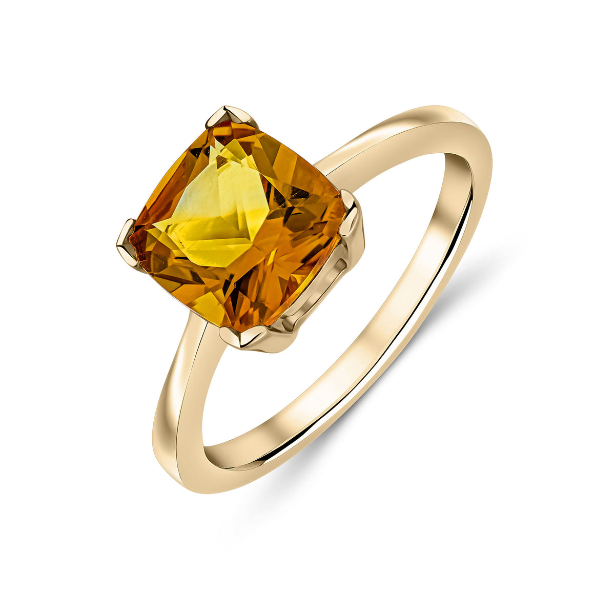 9CT YG 8MM CUSHION CITRINE CLAW SET SINGLE STONE RING