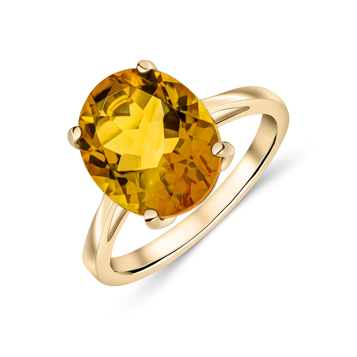 9CT YG 12X10MM OVAL CITRINE CLAW SET SINGLE STONE RING