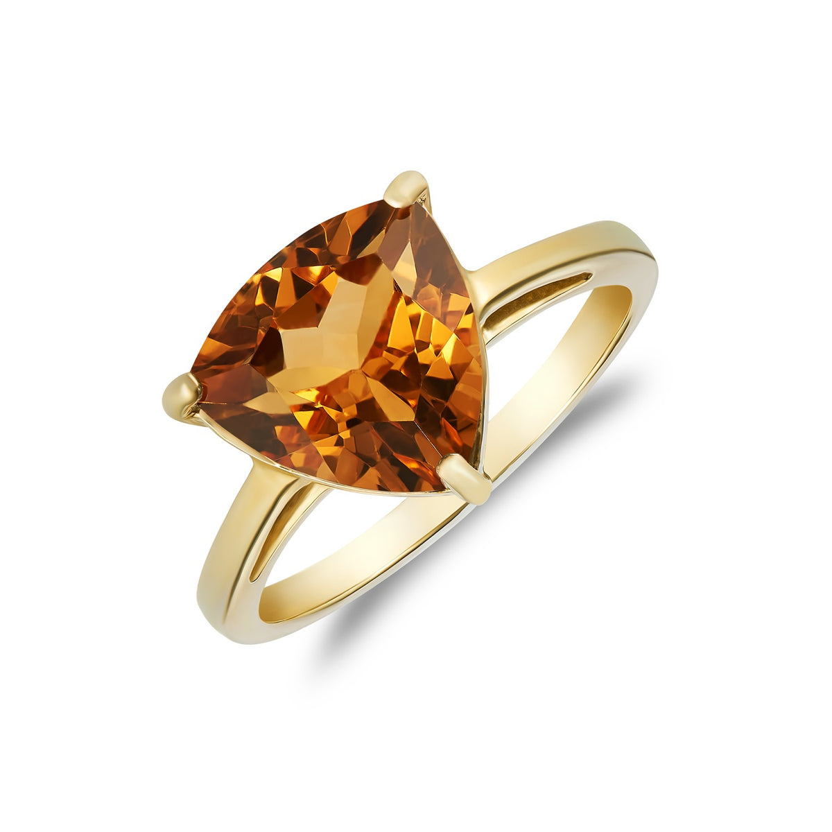 9CT YG 10MM TRILLION CUT CITRINE CLAW SET SINGLE STONE RING