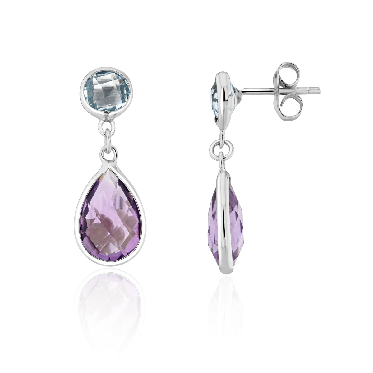9CT WHITE GOLD ROUND BLUE TOPAZ AND PEARSHAPE AMETHYST CHECKERBOARD CUT RUBOVER 2ST DROP EARRINGS