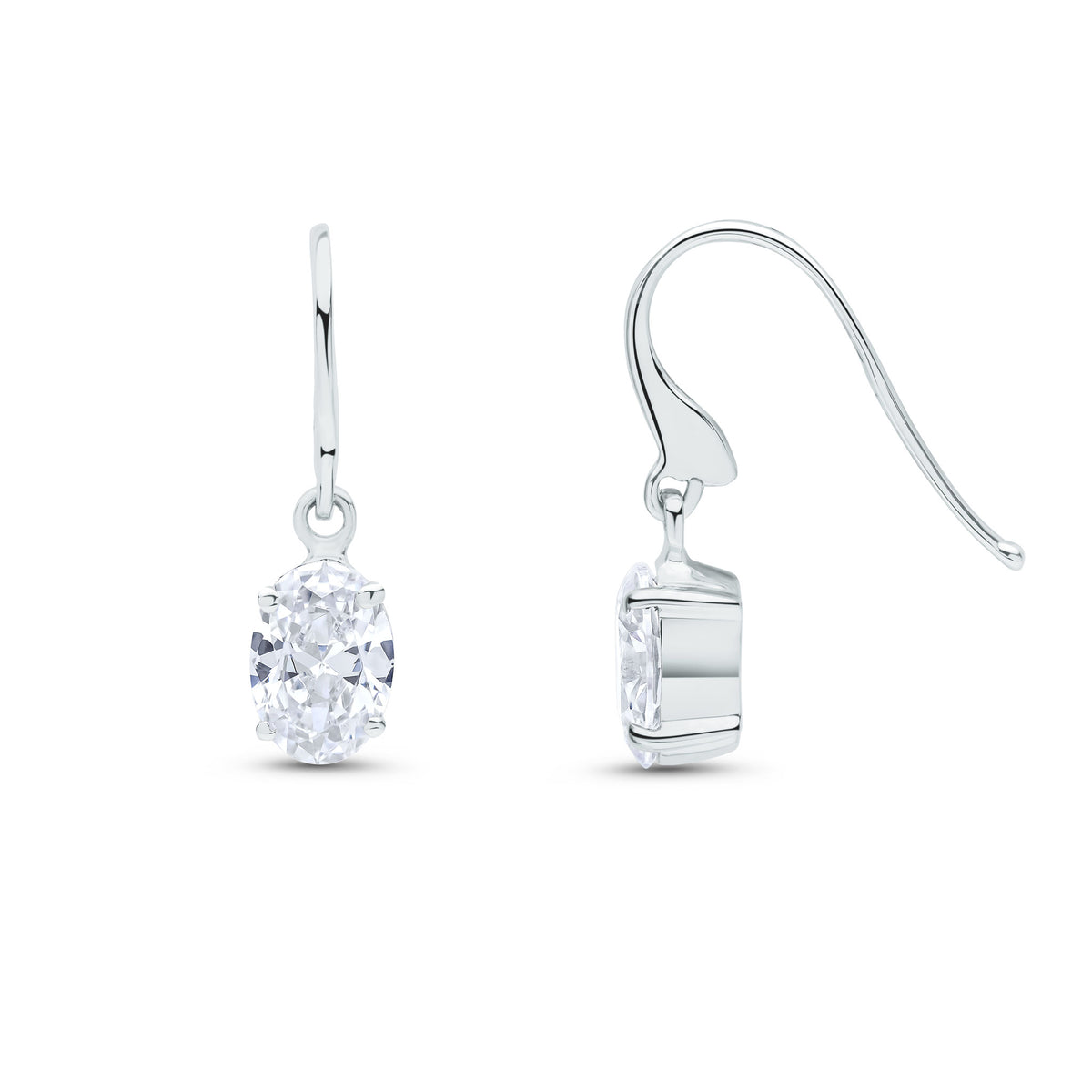 9CT WG 7X5 OVAL CZ CLAW SET DROP EARRINGS WITH HOOK WIRE FITTING