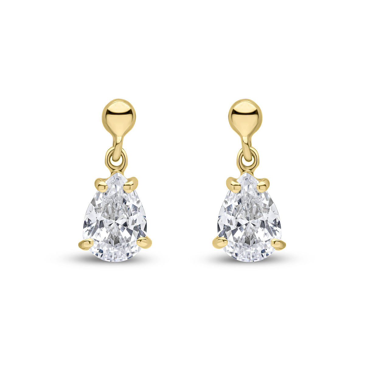 9CT YG 7X5 PEARSHAPE CZ CLAW SET DROP EARRINGS WITH BEAD TOP