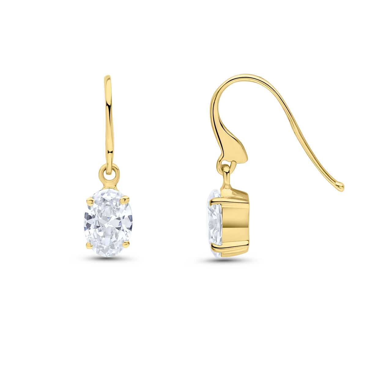 9CT YG 7X5 OVAL CZ CLAW SET DROP EARRINGS WITH HOOK WIRE FITTING