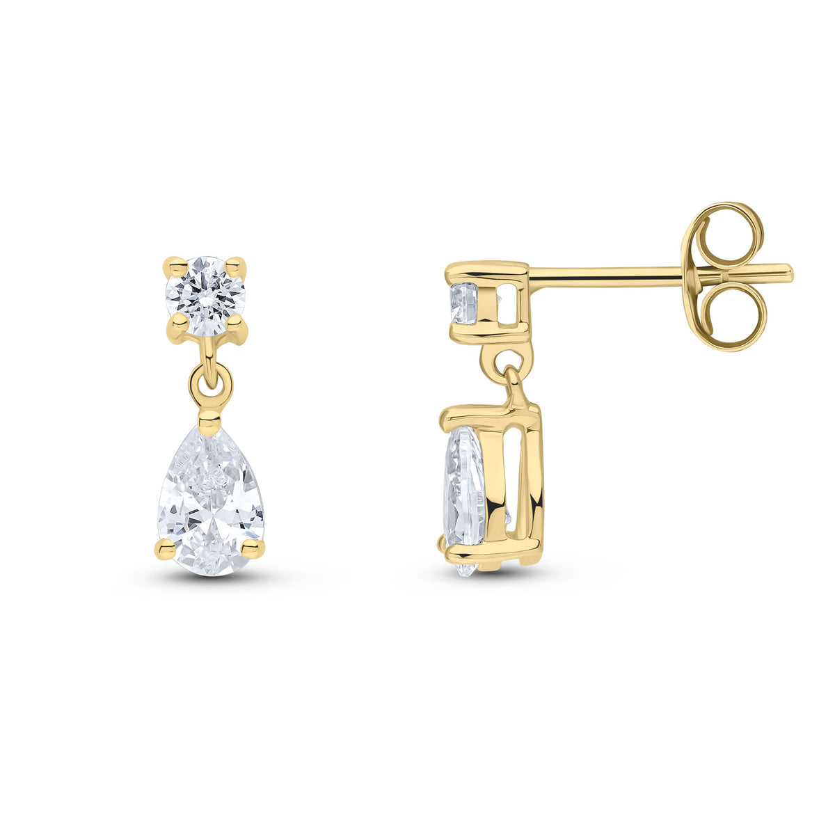 9CT YG ROUND AND PEARSHAPE CZ 2ST CLAW SET DROP EARRINGS