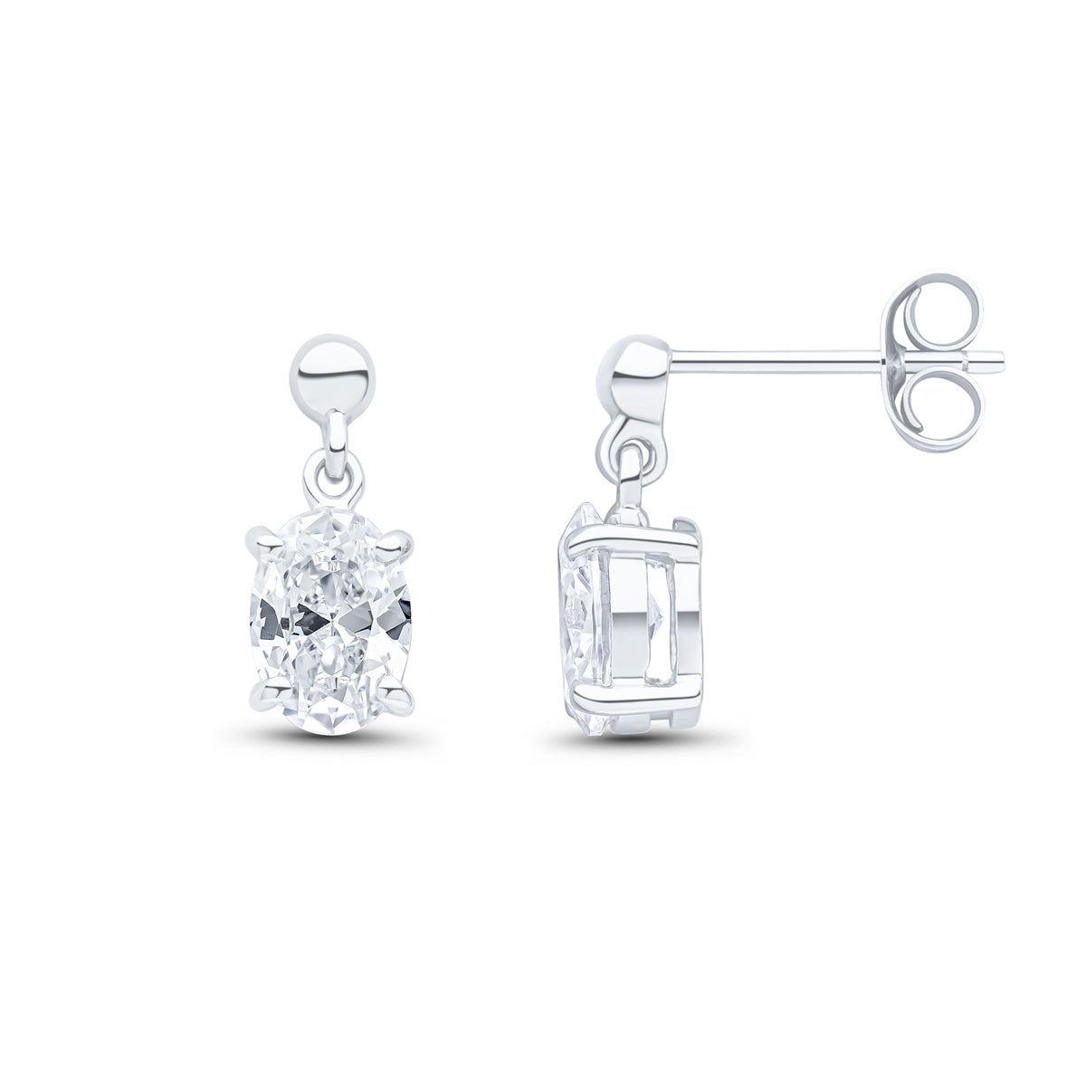 9CT WG 7X5 OVAL CZ CLAW SET DROP EARRINGS WITH BEAD TOP