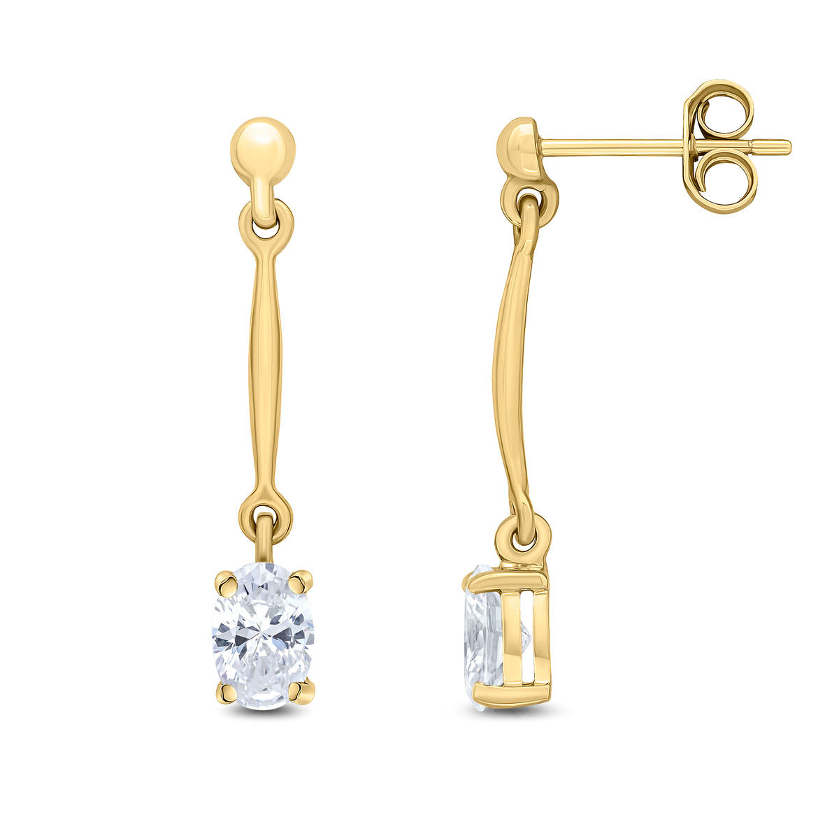 9CT YG CLAW SET 6X4MM OVAL CZ AND BAR DROP EARRINGS