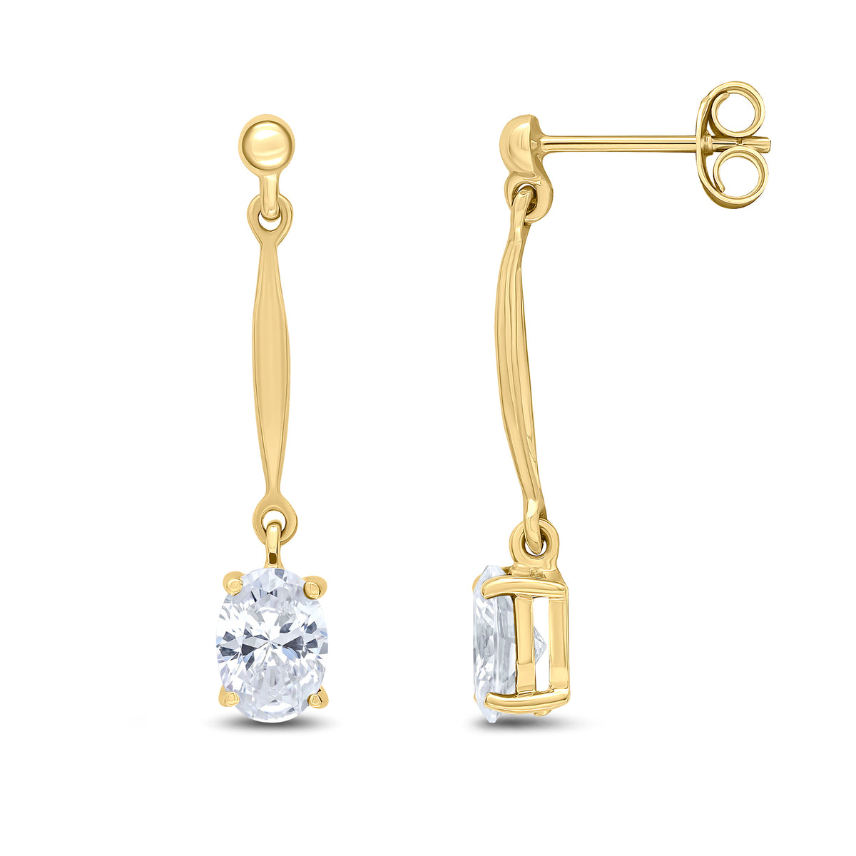 9CT YG 7X5MM OVAL CZ AND BAR DROP EARRINGS WITH BEAD TOP