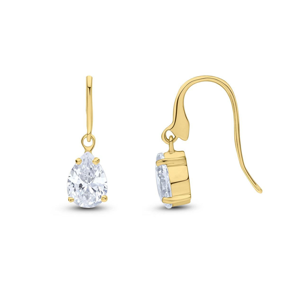 9CT YG 7X5MM PEARSHAPE CZ CLAW SET WIRE HOOK DROP EARRINGS