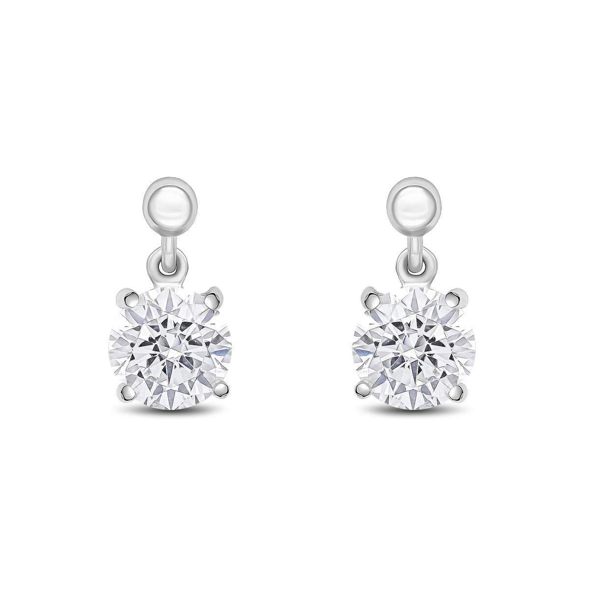 9CT WG 6MM ROUND CZ CLAW SET DROP EARRINGS WITH BEAD TOP