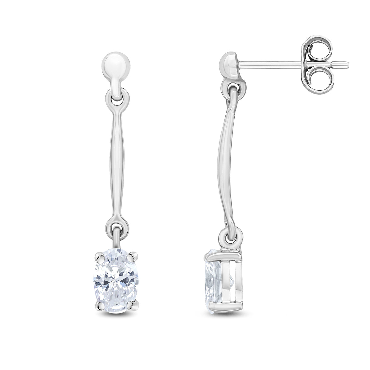 9CT WG CLAW SET 6X4MM OVAL CZ AND BAR DROP EARRINGS