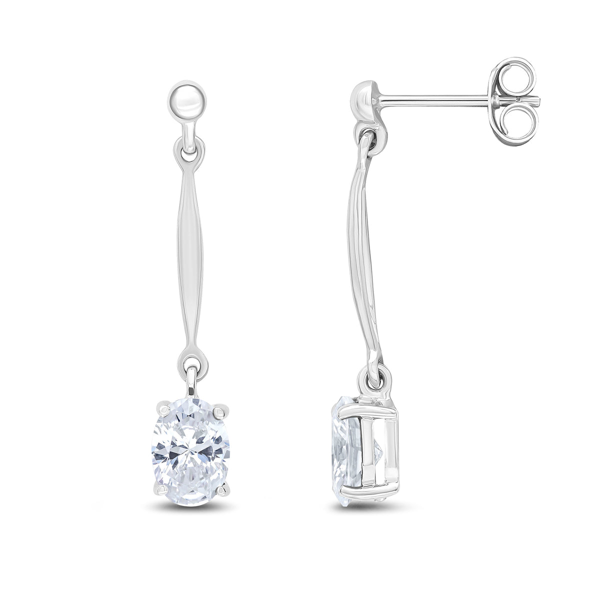 9CT WG 7X5MM OVAL CZ AND BAR DROP EARRINGS WITH BEAD TOP