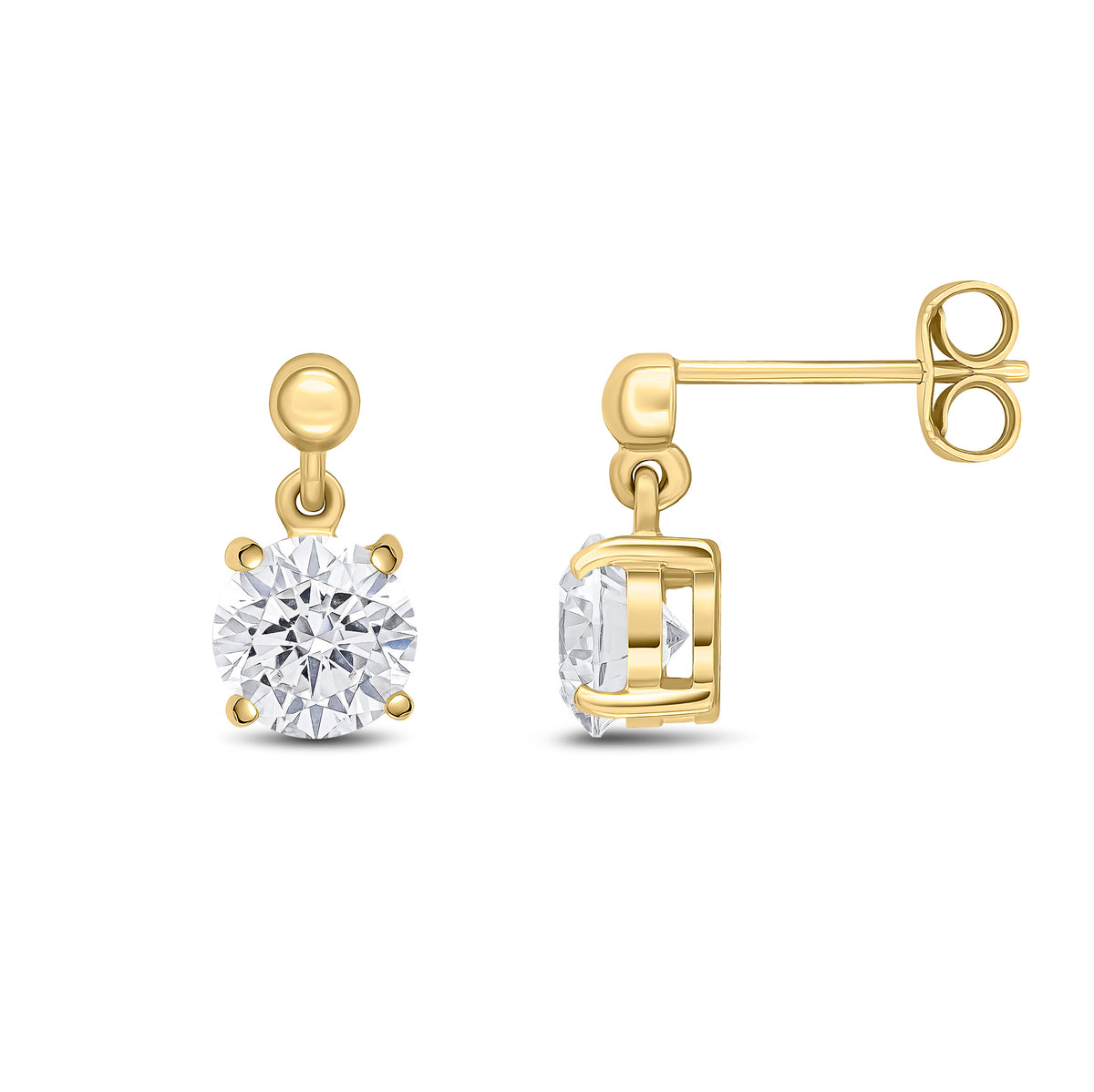 9CT YG 6MM ROUND CZ CLAW SET DROP EARRINGS WITH BEAD TOP