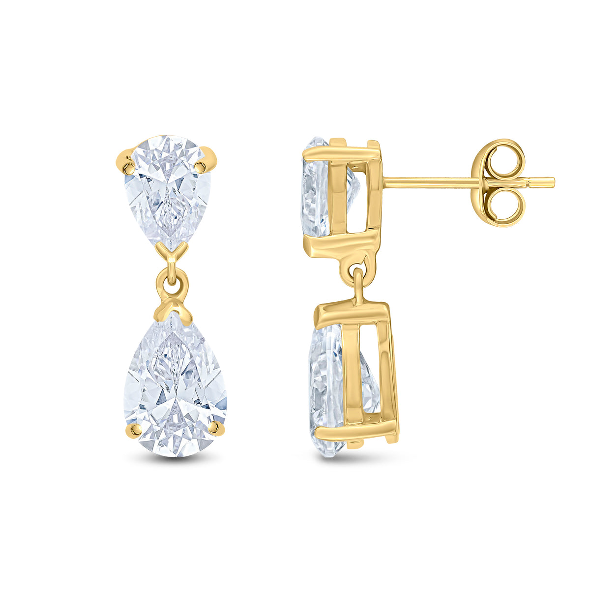 9CT YG PEARSHAPE CZ 2ST CLAW SET DROP EARRINGS