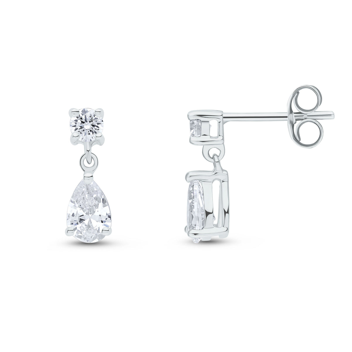 9CT WG ROUND AND PEARSHAPE CZ 2ST CLAW SET DROP EARRINGS
