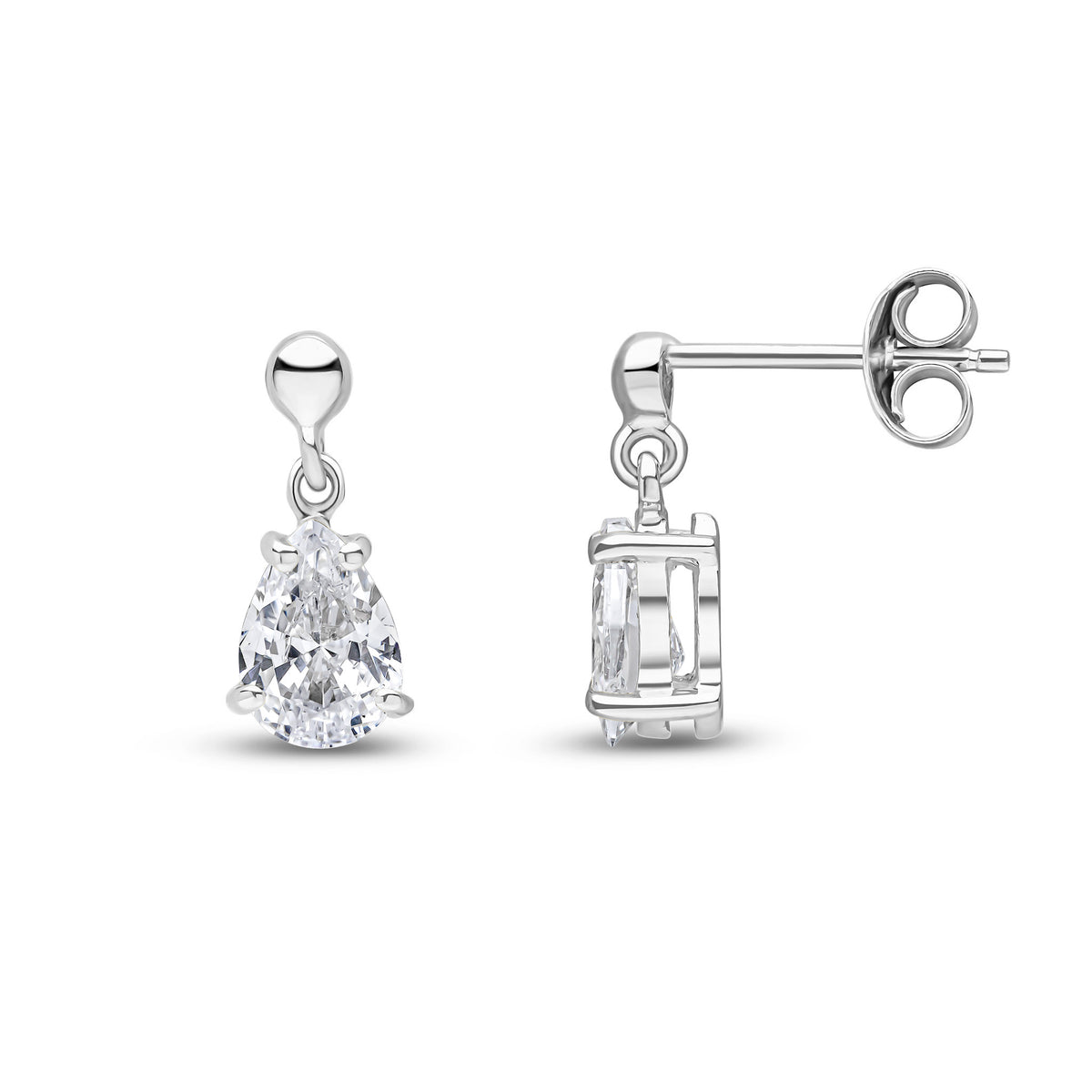 9CT WG 7X5 PEARSHAPE CZ CLAW SET DROP EARRINGS WITH BEAD TOP