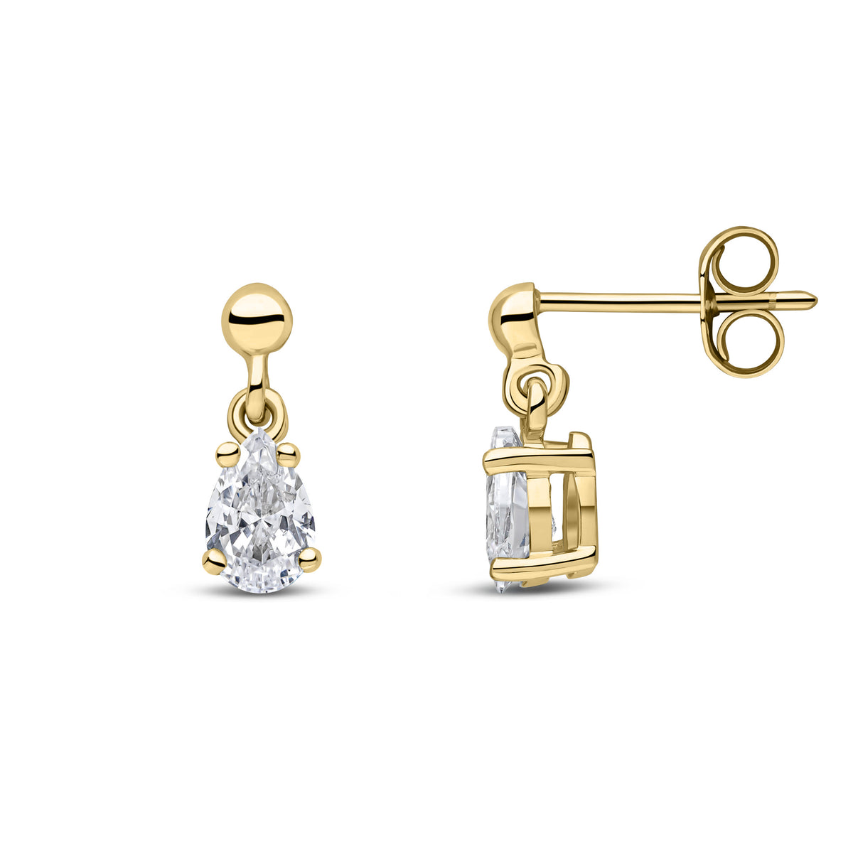 9CT YG 6X4 PEARSHAPE CZ CLAW SET DROP EARRINGS WITH BEAD STUD TOP