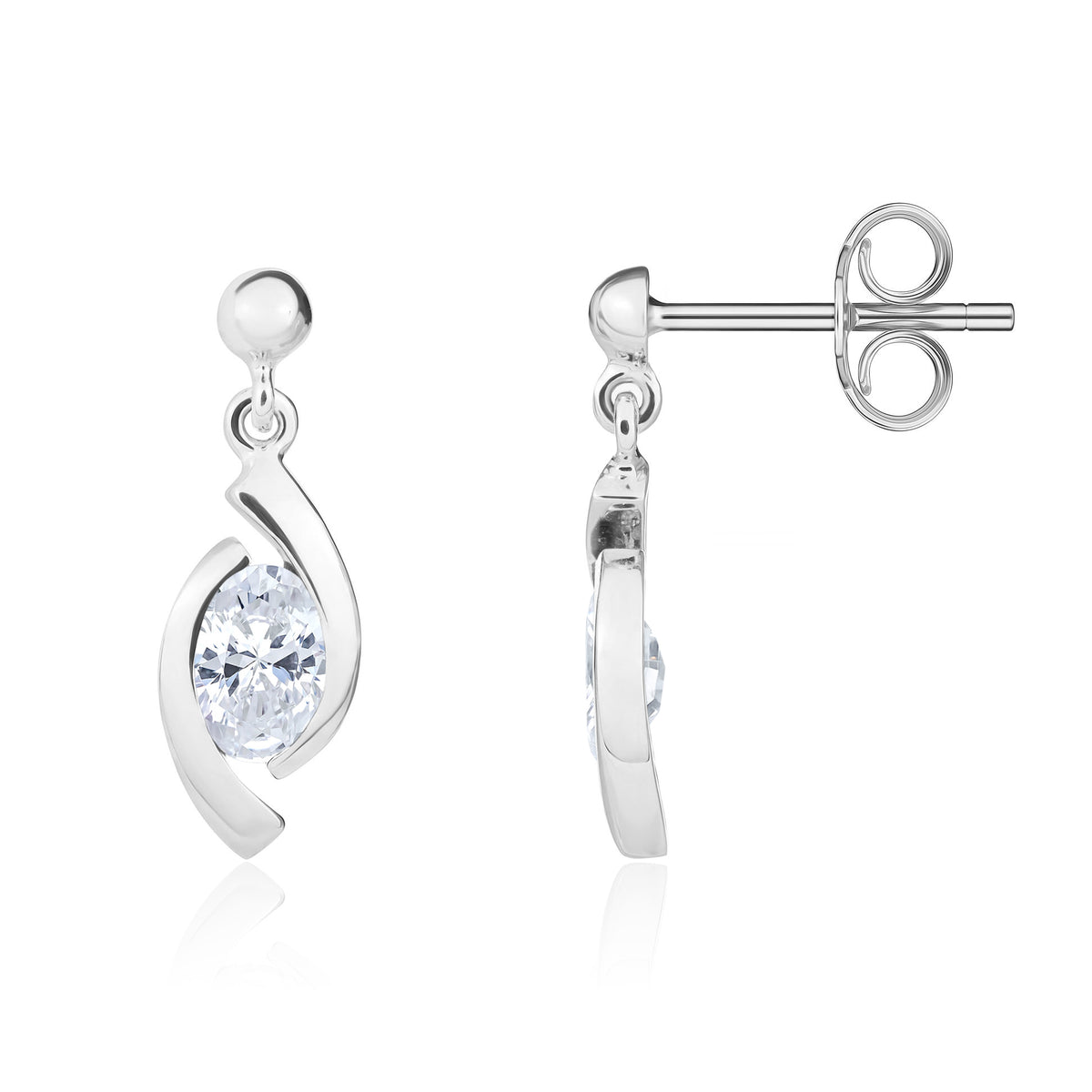 9CT WG OVAL CZ 'EYE' DROP EARRINGS WITH 3MM BEAD TOP