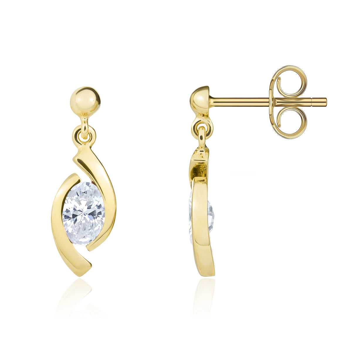 9CT YG OVAL CZ 'EYE' DROP EARRINGS WITH 3MM BEAD TOP