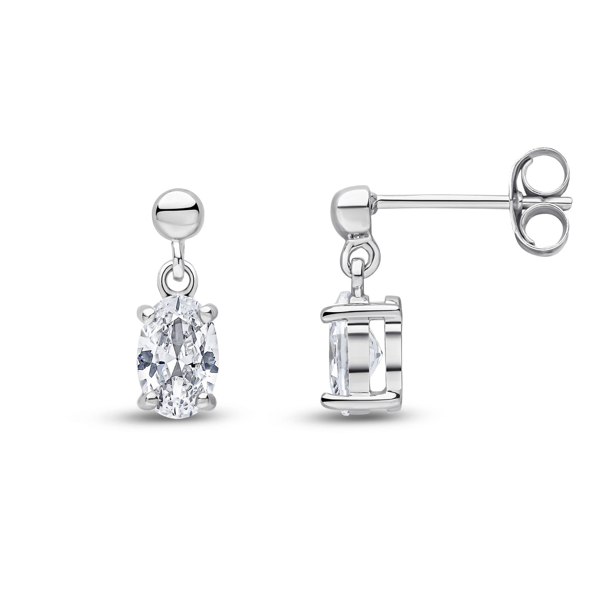 9CT WG 6X4 OVAL CZ CLAW SET DROP EARRINGS WITH BEAD TOP