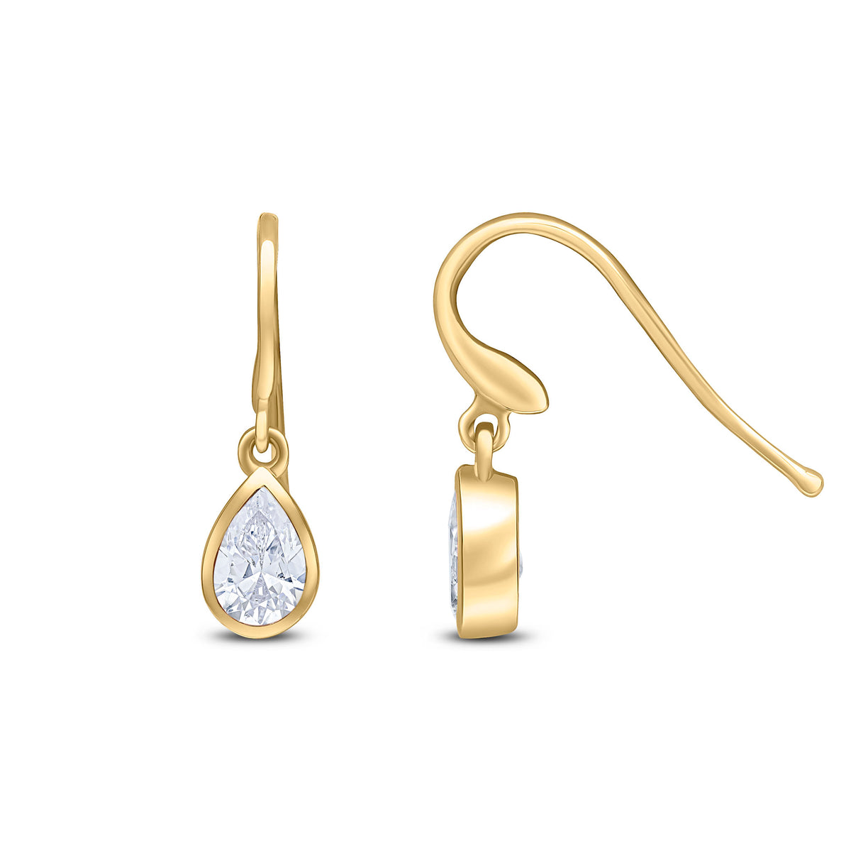9CT YG 6X4 PEARSHAPE CZ RUBOVER DROP EARRINGS. HOOK WIRE FITTING