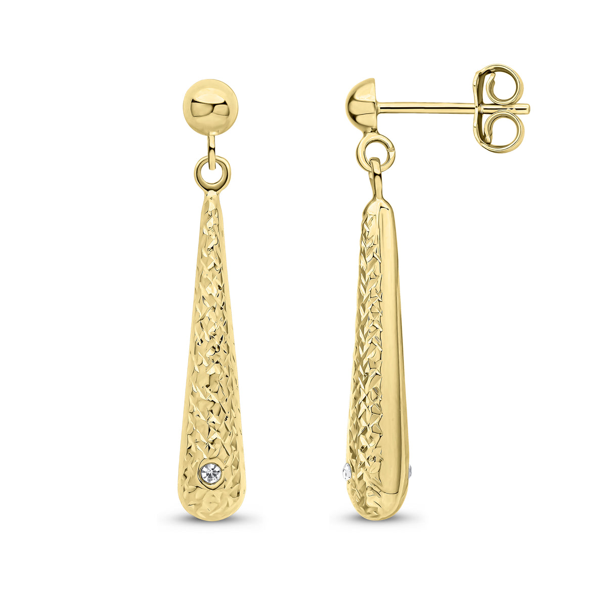 9CT YG DIAMOND CUT FRONT TORPEDO DROP EARRINGS SET WITH CZ AT FRONT AND BACK