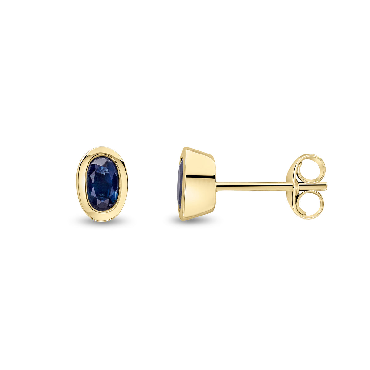 9CT YG 5X3MM OVAL SAPPHIRE RUBOVER STUD EARRINGS