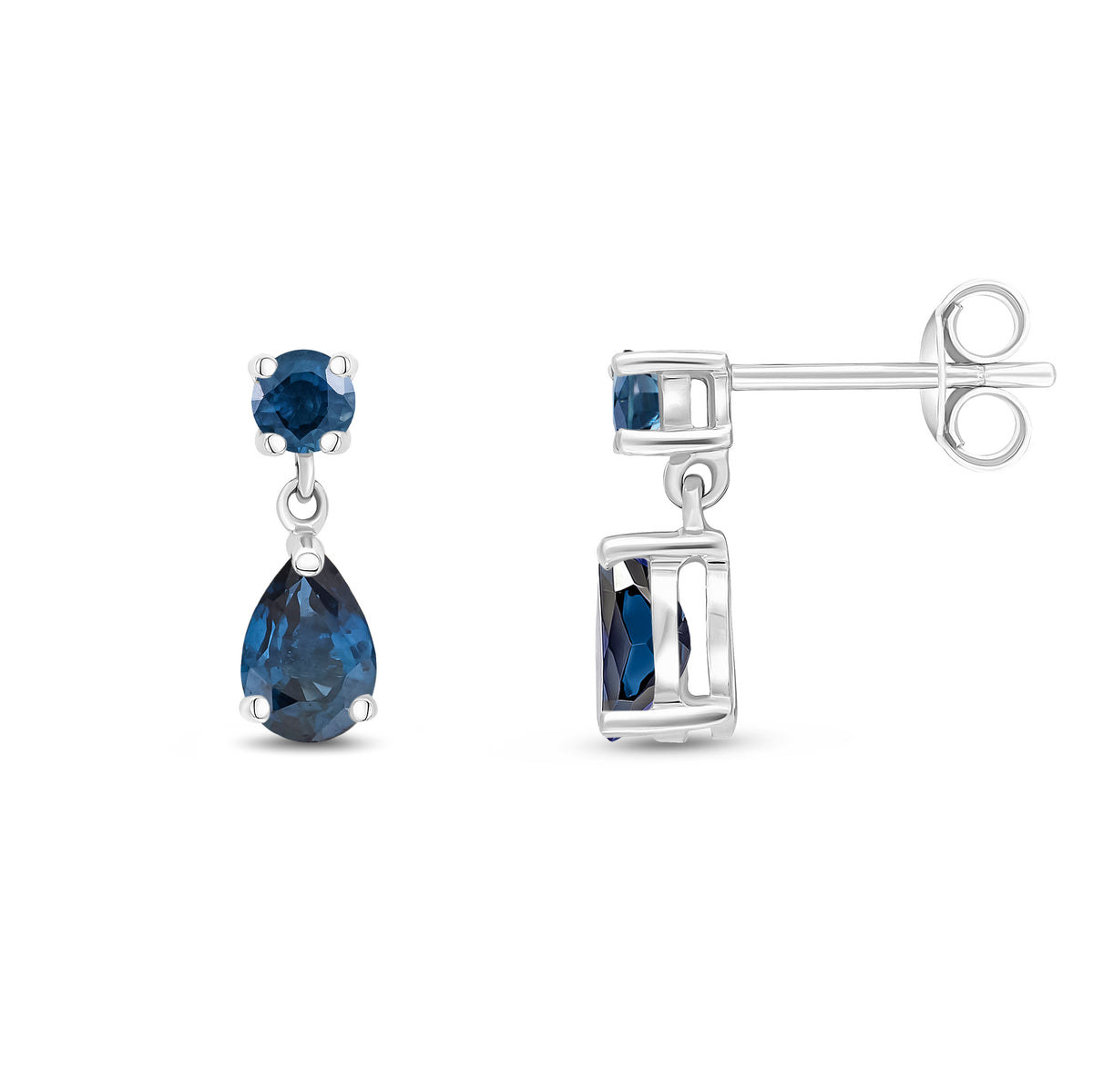 9CT WG ROUND AND PEARSHAPE SAPPHIRE 2ST CLAW SET DROP EARRINGS