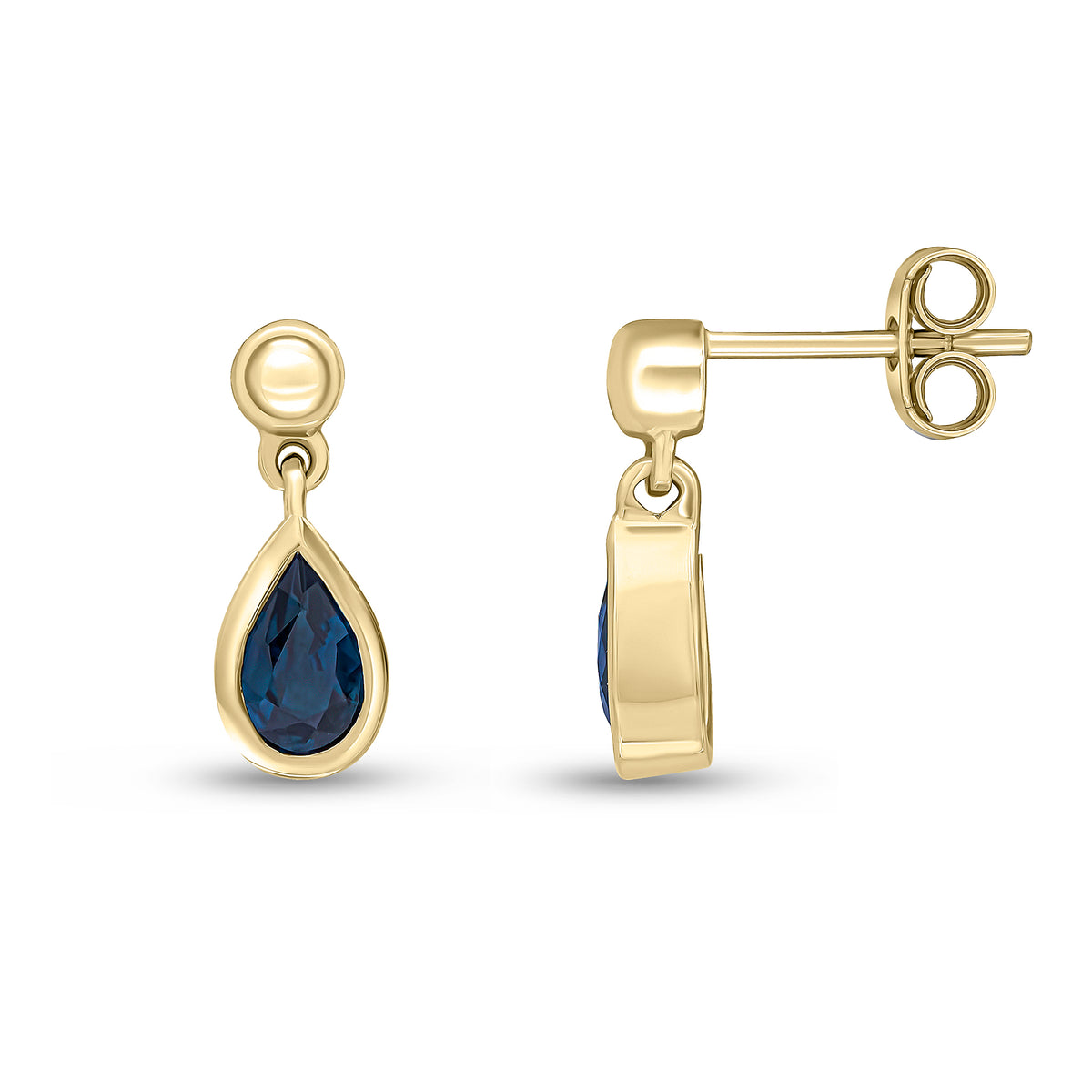 9CT YG 6X4 PEARSHAPE SAPPHIRE RUBOVER DROP EARRINGS WITH 3MM BEAD TOP