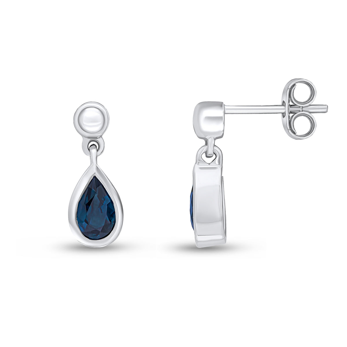 9CT WG 6X4 PEARSHAPE SAPPHIRE RUBOVER DROP EARRINGS WITH 3MM BEAD TOP