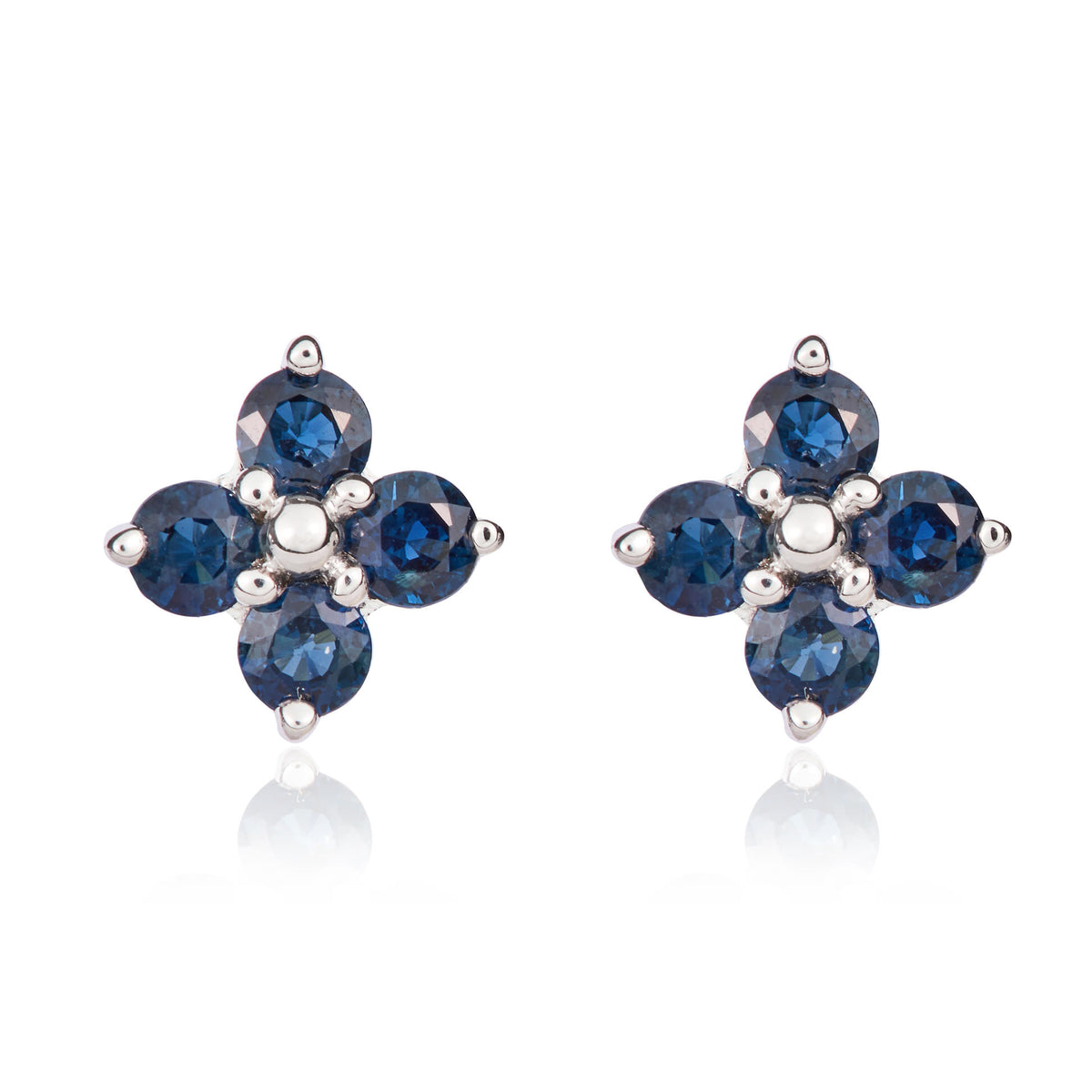 9CT WG ROUND SAPPHIRE QUATREFOIL CLAW EARRINGS