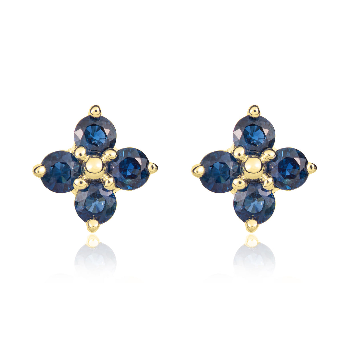 9CT YG ROUND SAPPHIRE QUATREFOIL CLAW EARRINGS