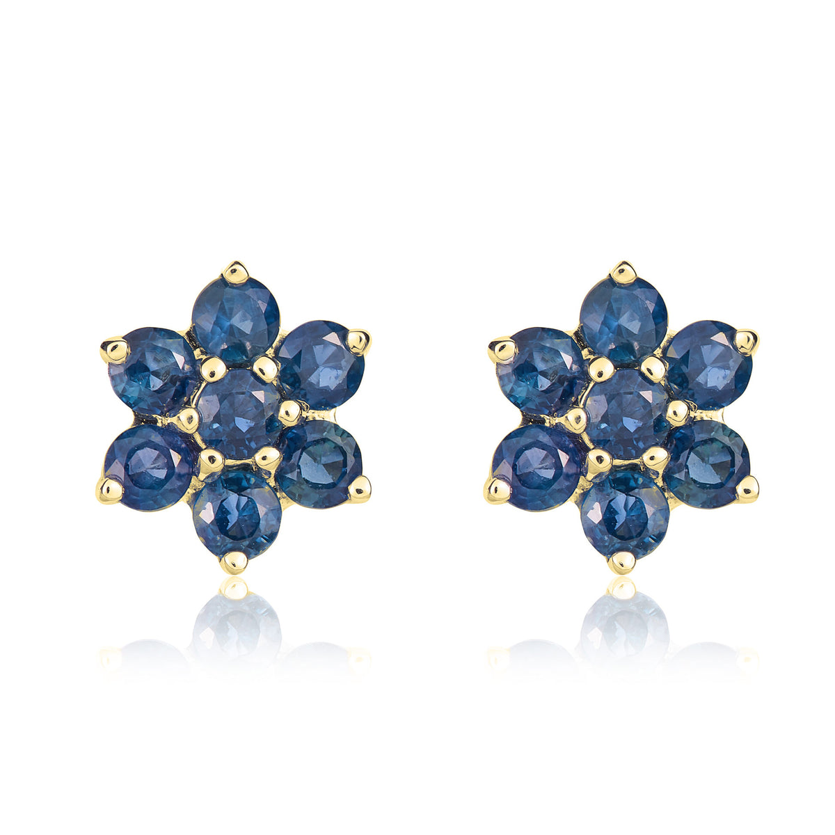 9CT YELLOW GOLD ROUND SAPPHIRE 6X1 CLAW CLUSTER EARRINGS