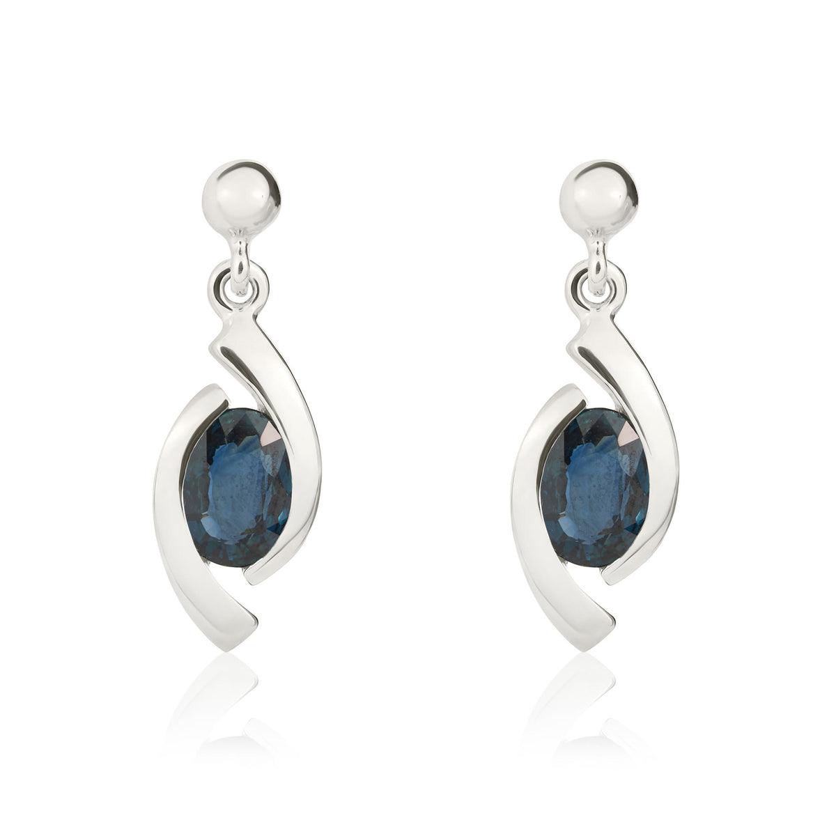 9CT WG 6X4 OVAL SAPPHIRE 'EYE' DROP EARRINGS WITH 3MM BEAD TOP
