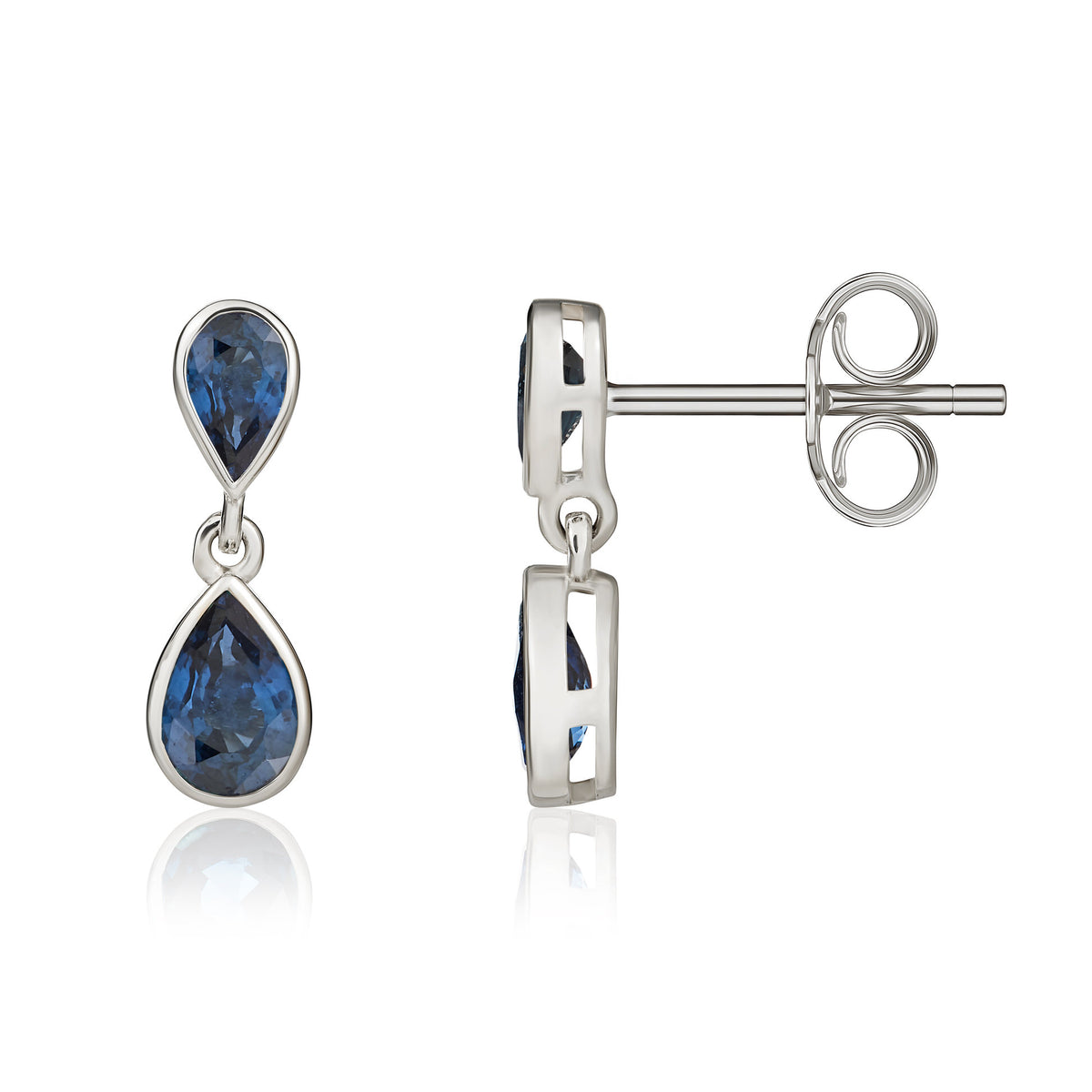 9CT WG PEARSHAPE SAPPHIRE 2 STONE RUBOVER DROP EARRINGS