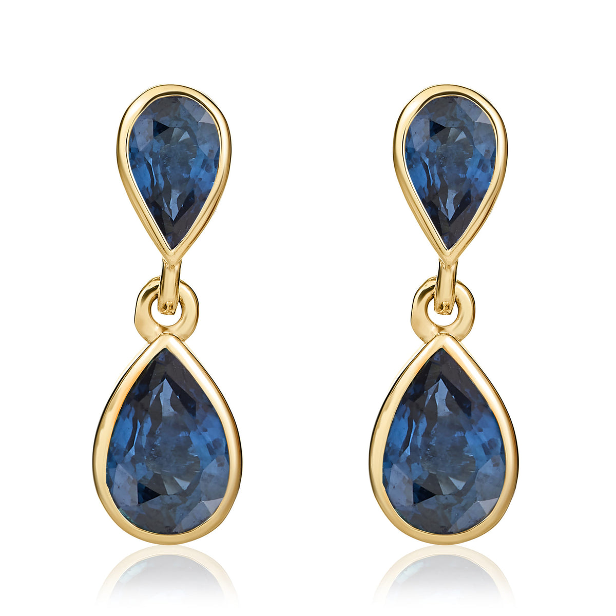 9CT YG PEARSHAPE SAPPHIRE 2 STONE RUBOVER DROP EARRINGS