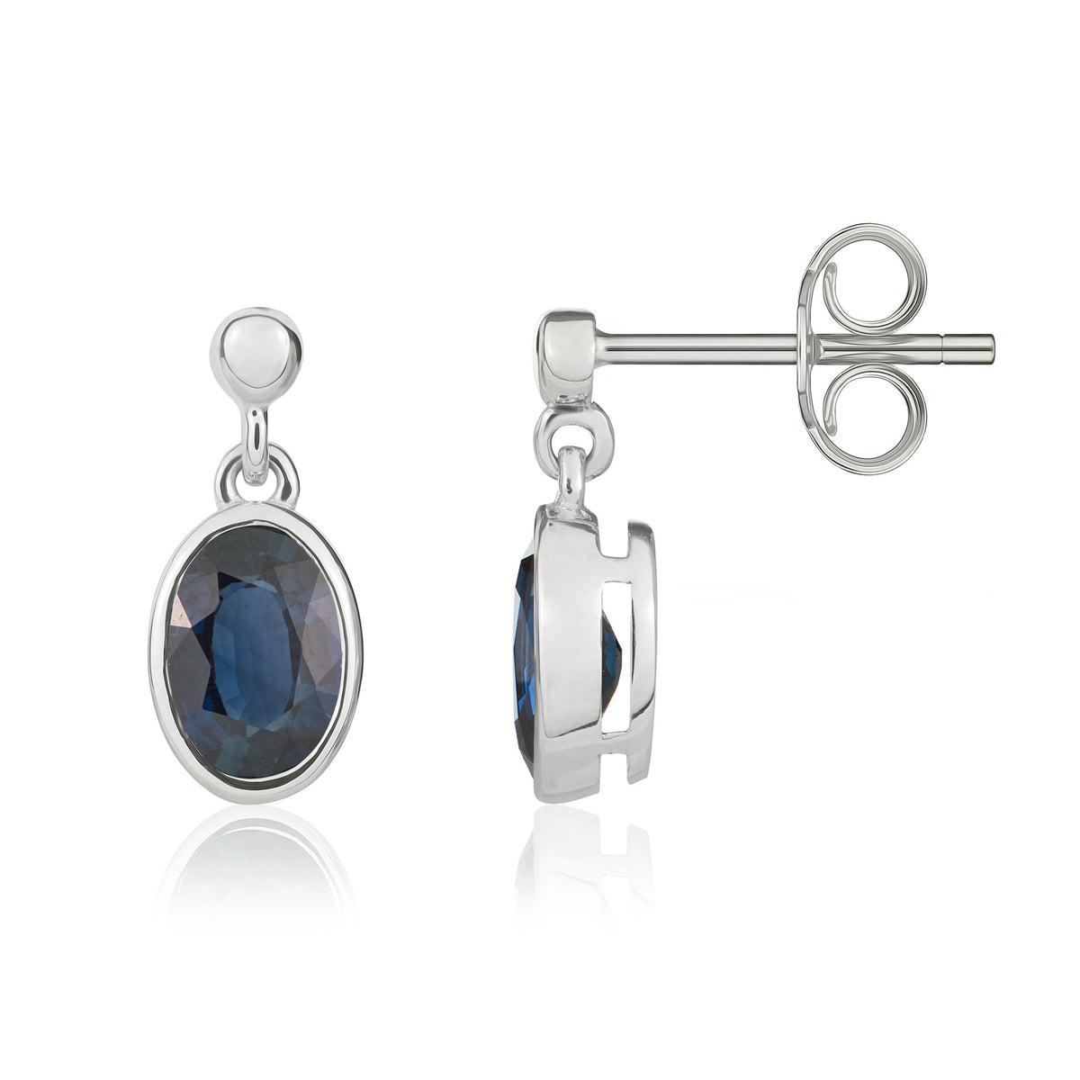 9CT WG 7X5MM OVAL SAPPHIRE RUBOVER DROP EARRINGS WITH BEAD TOP