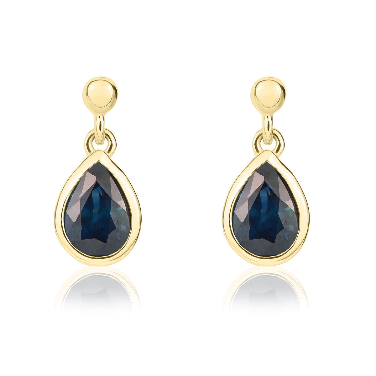 9CT YG 6X4MM PEARSHAPE SAPPHIRE RUBOVER DROP EARRINGS WITH 2.5MM BEAD TOP